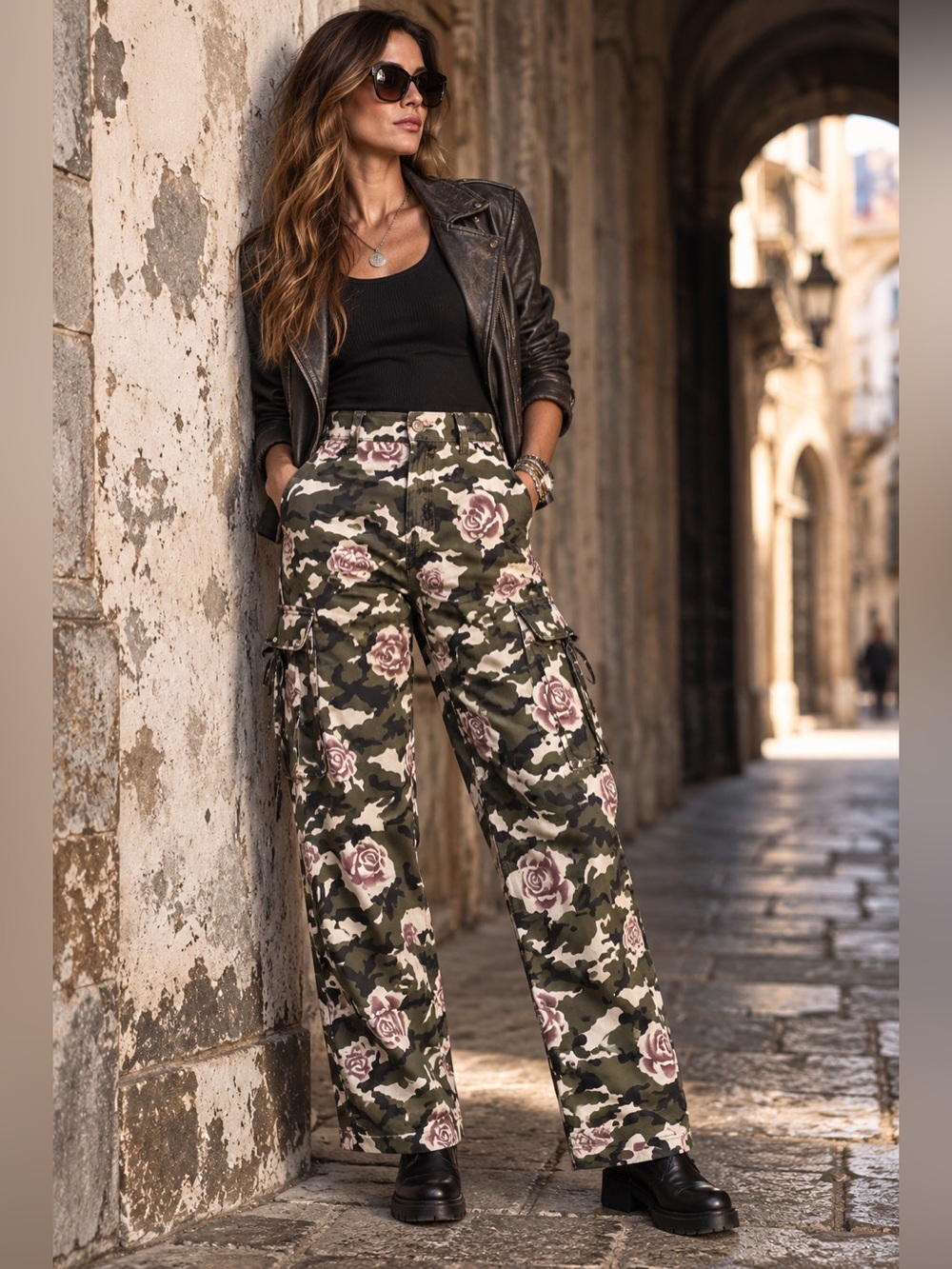 VIP Jeans Green 11 30 Floral Camo Cargo Pants Wide Leg Utility Grunge NWT
